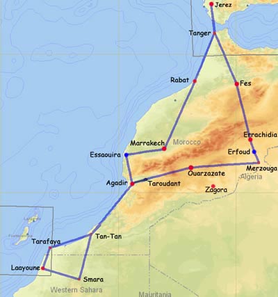 Карта Марокко - обычные направления для перелета от Fly-in-Spain.